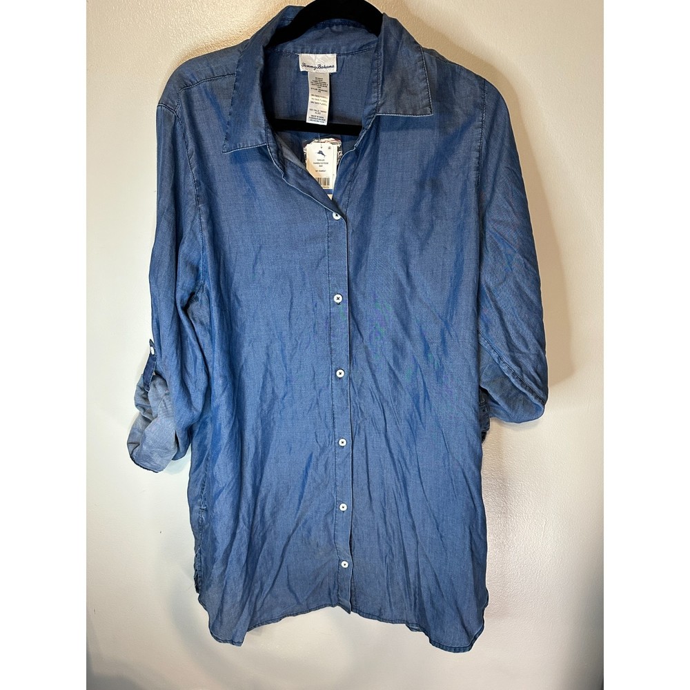 NWT $99 Tommy Bahama Women's Chambray Boyfriend Denim Shirt with Pockets Size XL
